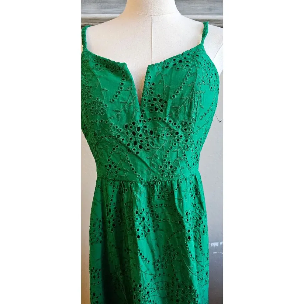 Guess Cotton Eyelet Asymmetric Midi Dress Women Size‎ 8 Green Contemporary Party